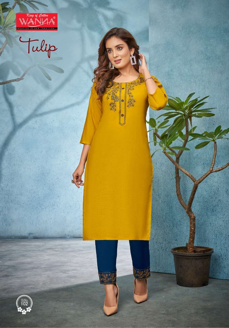 WANNA PRESENT TULIP VOL 4 READYMADE RAYON DESIGNER KURTI WITH PANT IN WHOLESALE RATE IN SURAT - SAI DRESSES