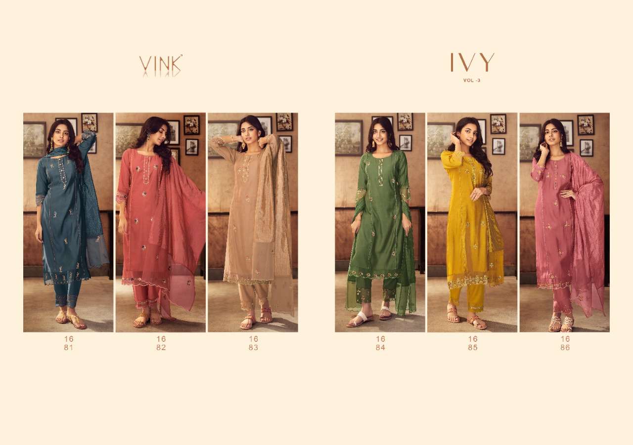 VINK PRESENT IVY VOL 3 READY TO FESTIVE WEAR PANT STYLE 3 PIECE PREMIUM COLLECTION IN WHOLESALE RATE IN SURAT - SAI DRESSES