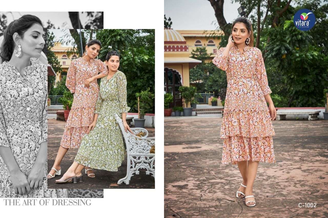 VITARA FASHION PRESENT CLINTON GEORGETTE PRINTED FANCY KURTI COLLECTION IN WHOLESALE RATE IN SURAT - SAI DRESSES