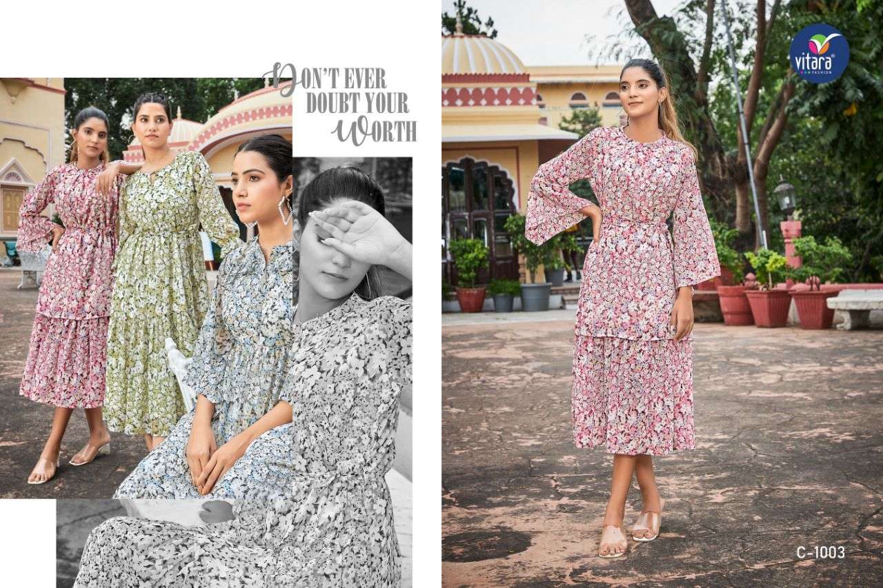 VITARA FASHION PRESENT CLINTON GEORGETTE PRINTED FANCY KURTI COLLECTION IN WHOLESALE RATE IN SURAT - SAI DRESSES