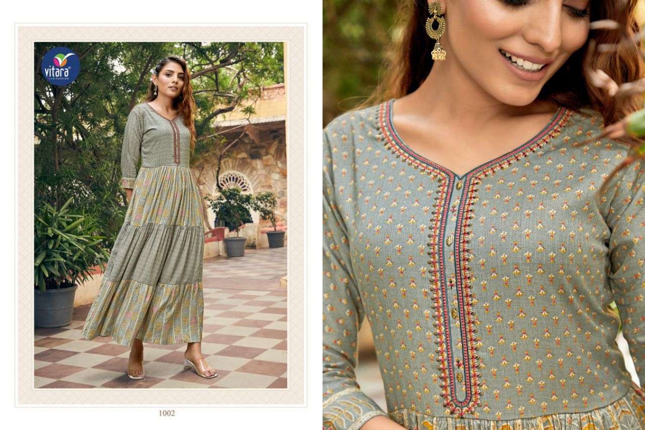 VITARA FASHION PRESENT FUSION RAYON FOIL PRINTED LONG GOWN STYLE KURTI COLLECTION IN WHOLESALE RATE IN SURAT - SAI DRESSES