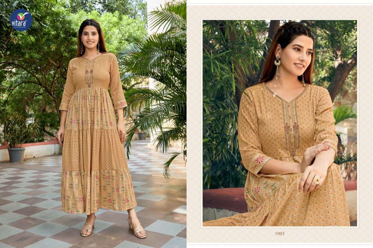 VITARA FASHION PRESENT FUSION RAYON FOIL PRINTED LONG GOWN STYLE KURTI COLLECTION IN WHOLESALE RATE IN SURAT - SAI DRESSES