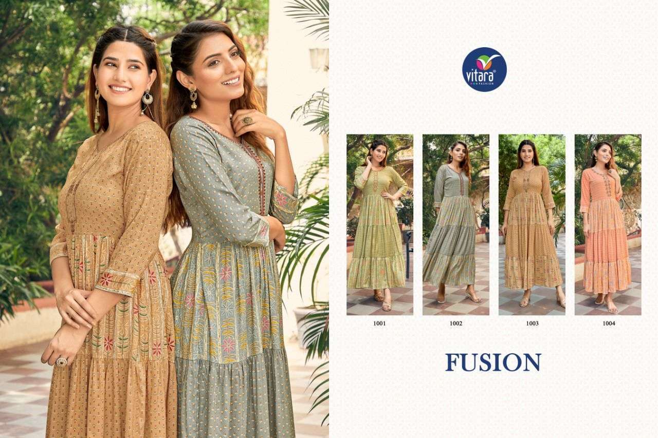 VITARA FASHION PRESENT FUSION RAYON FOIL PRINTED LONG GOWN STYLE KURTI COLLECTION IN WHOLESALE RATE IN SURAT - SAI DRESSES