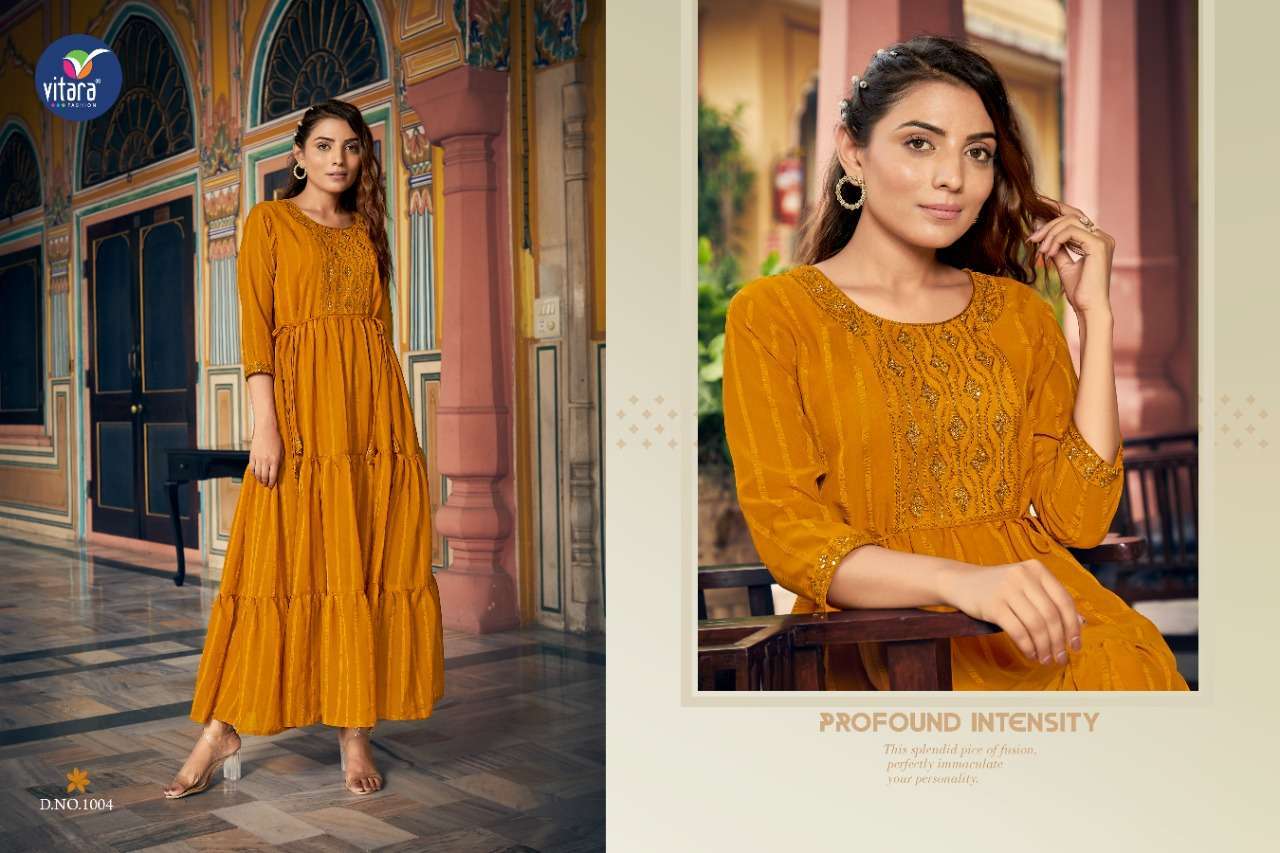 VITARA FASHION PRESENT OCCASION GEORGETTE FANCY LONG KURTIS IN WHOLESALE RATE IN SURAT - SAI DRESSES