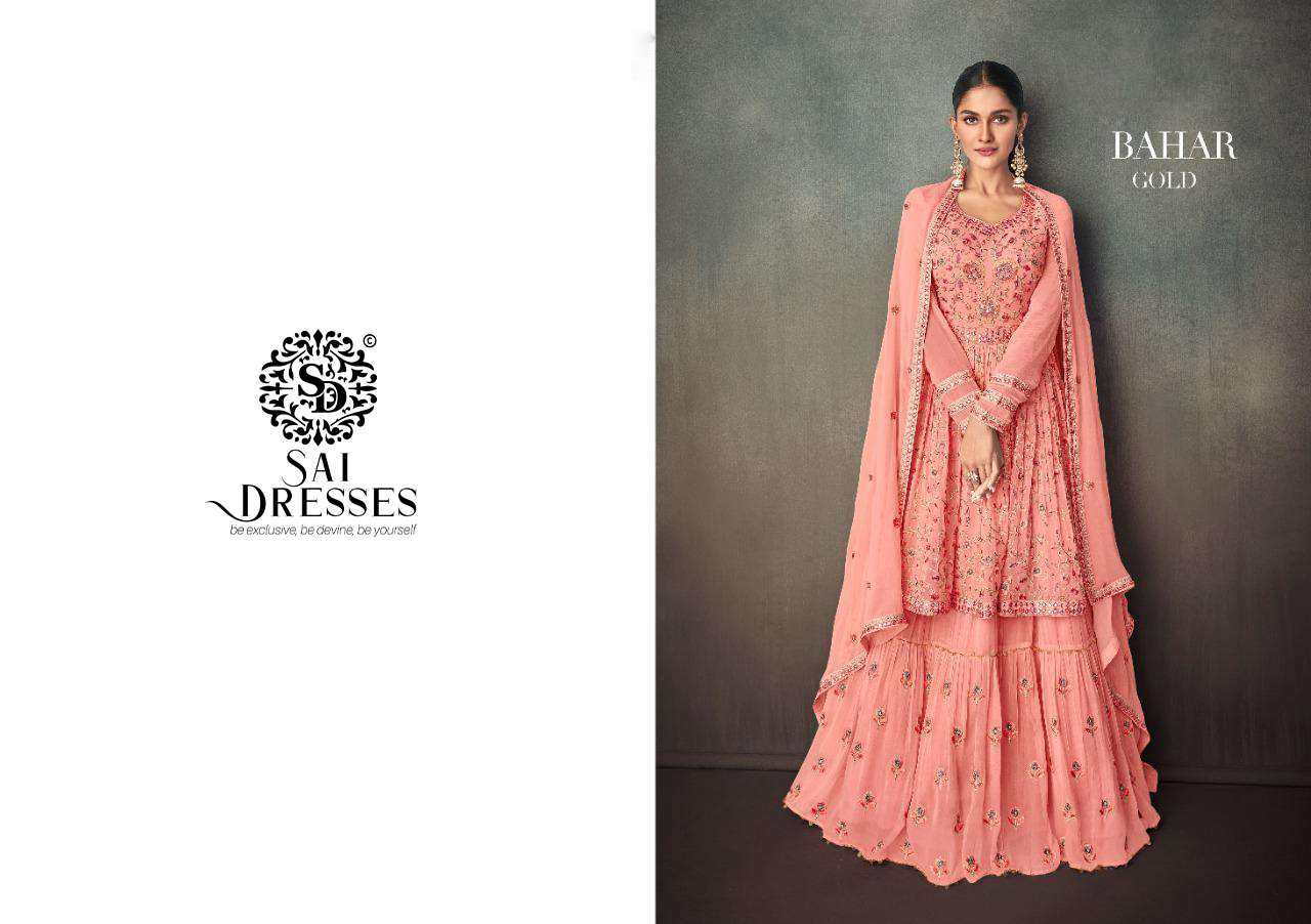 SAI DRESSES PRESENT BAHAR GOLD READYMADE PARTY WEAR DESIGNER SUITS IN WHOLESALE RATE IN SURAT 