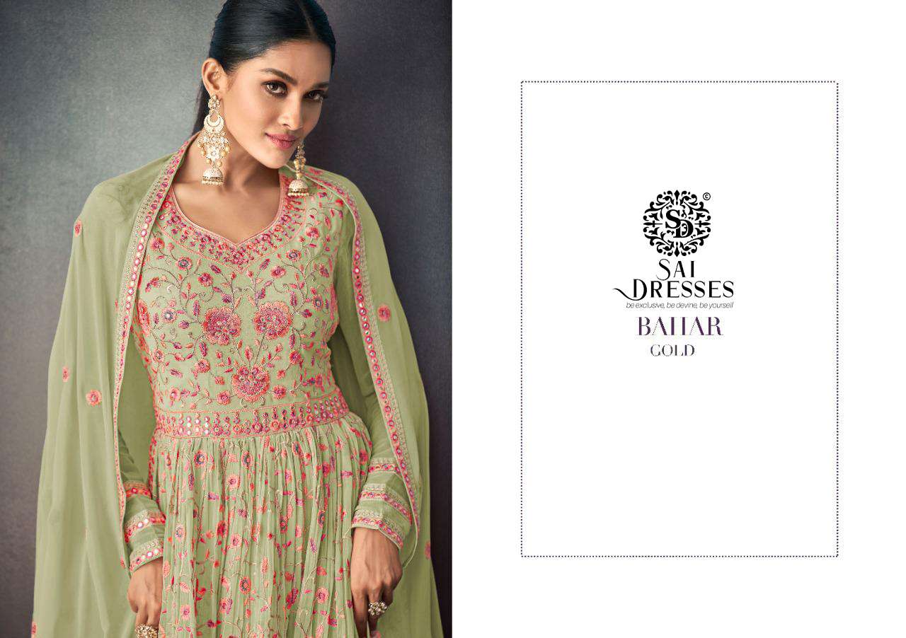 SAI DRESSES PRESENT BAHAR GOLD READYMADE PARTY WEAR DESIGNER SUITS IN WHOLESALE RATE IN SURAT 