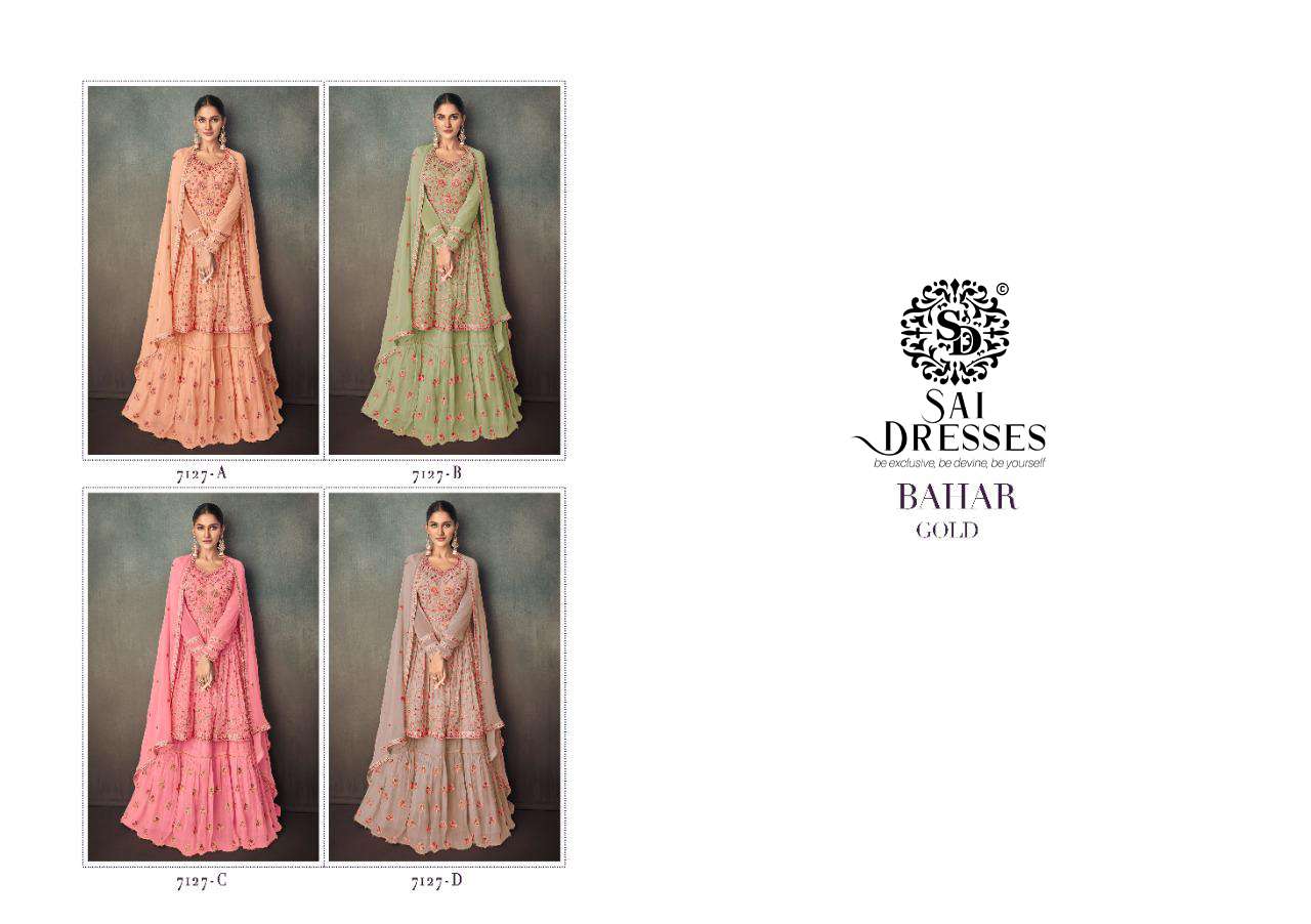 SAI DRESSES PRESENT BAHAR GOLD READYMADE PARTY WEAR DESIGNER SUITS IN WHOLESALE RATE IN SURAT 