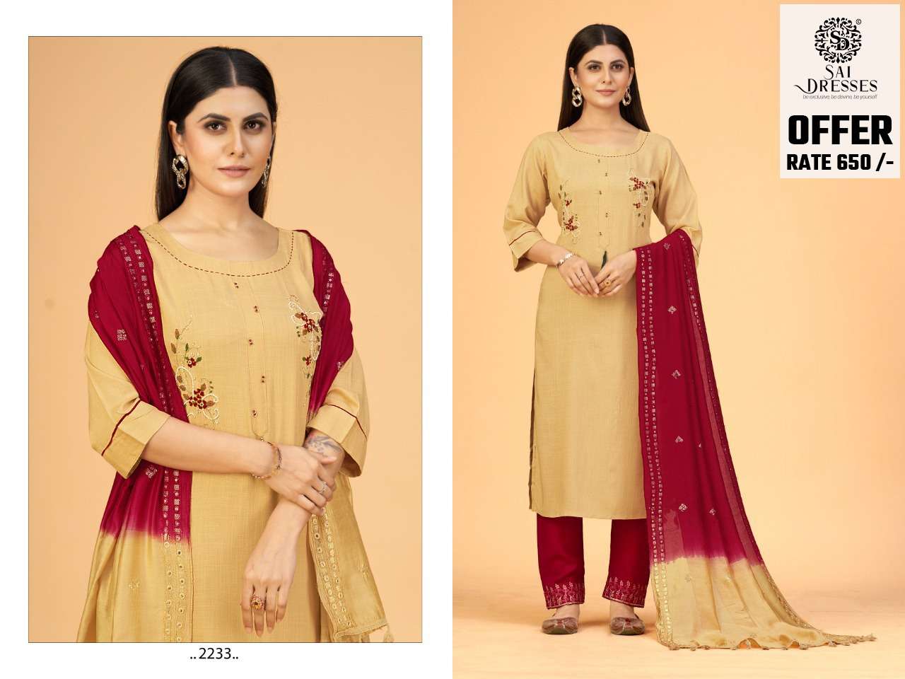 SAI DRESSES PRESENT D.NO 2233 READY TO WEAR COMBO DRESS IN WHOLESALE RATE IN SURAT 