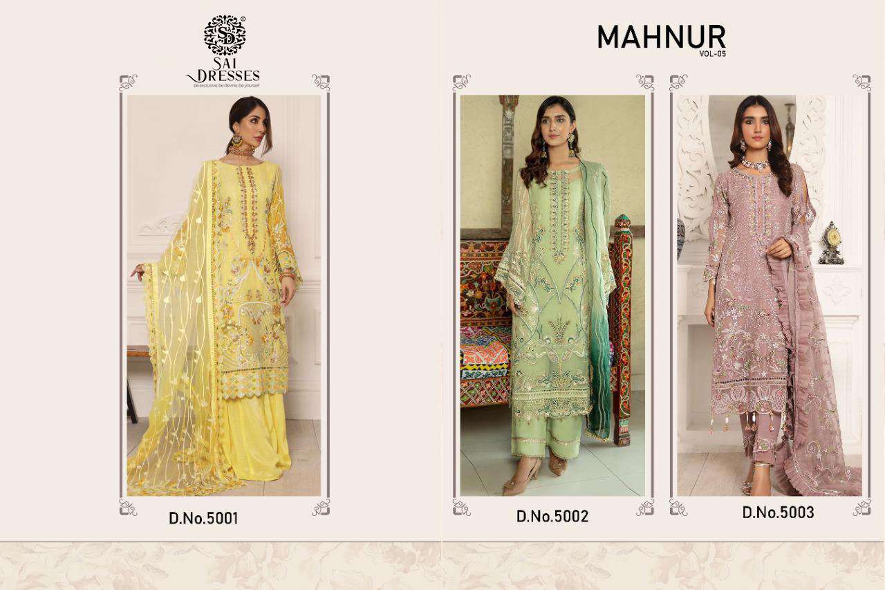 SAI DRESSES PRESENT MAHNUR VOL 5 SEMI STITCHED PAKISTANI DESIGNER SUITS IN WHOLESALE RATE IN SURAT 
