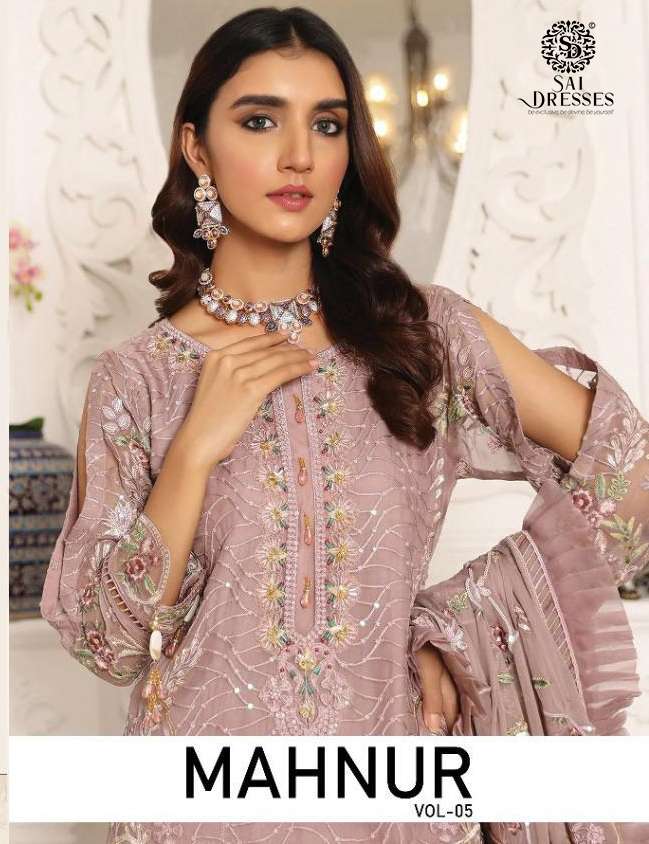 SAI DRESSES PRESENT MAHNUR VOL 5 SEMI STITCHED PAKISTANI DESIGNER SUITS IN WHOLESALE RATE IN SURAT 