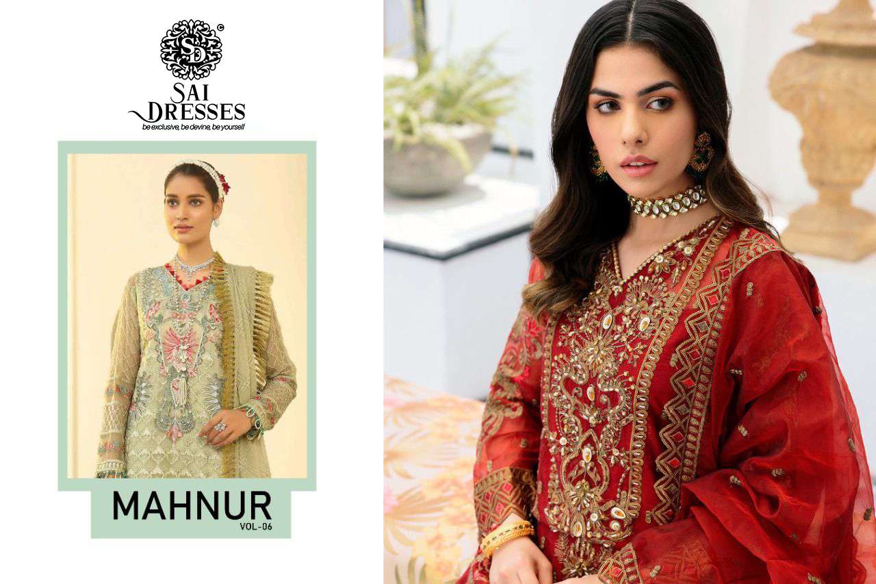 SAI DRESSES PRESENT MAHNUR VOL 6 SEMI STITCHED PAKISTANI DESIGNER SUITS IN WHOLESALE RATE IN SURAT