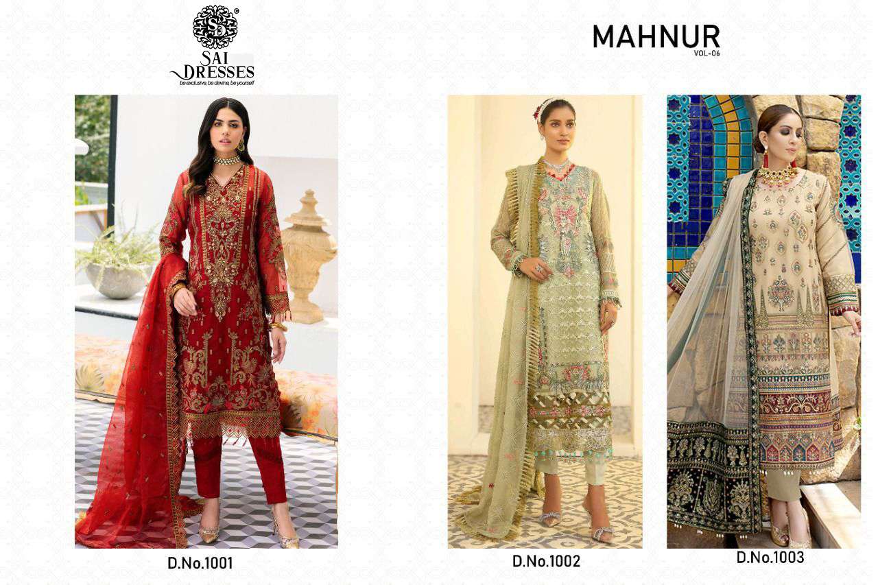 SAI DRESSES PRESENT MAHNUR VOL 6 SEMI STITCHED PAKISTANI DESIGNER SUITS IN WHOLESALE RATE IN SURAT