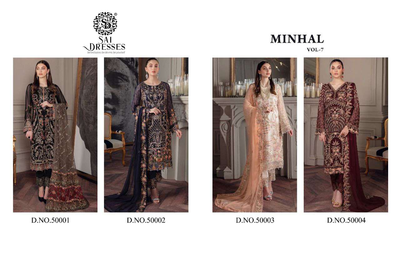 SAI DRESSES PRESENT MINHAL VOL 7 SEMI STITCHED PAKISTANI DESIGNER SUITS IN WHOLESALE RATE IN SURAT 