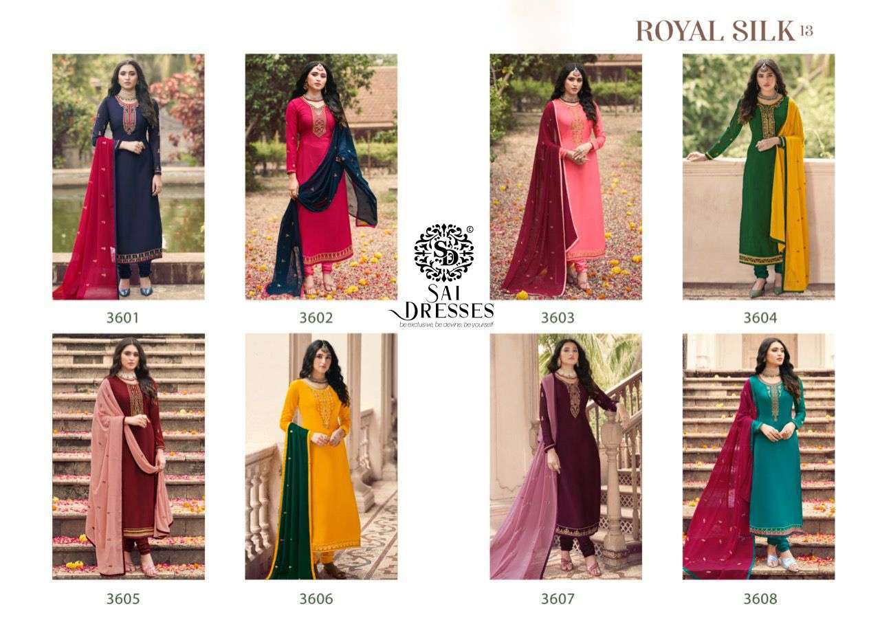 SAI DRESSES PRESENT ROYAL SILK VOL 13 FRENCH CRAPE DESIGNER SALWAR SUITS IN WHOLESALE RATE IN SURAT 