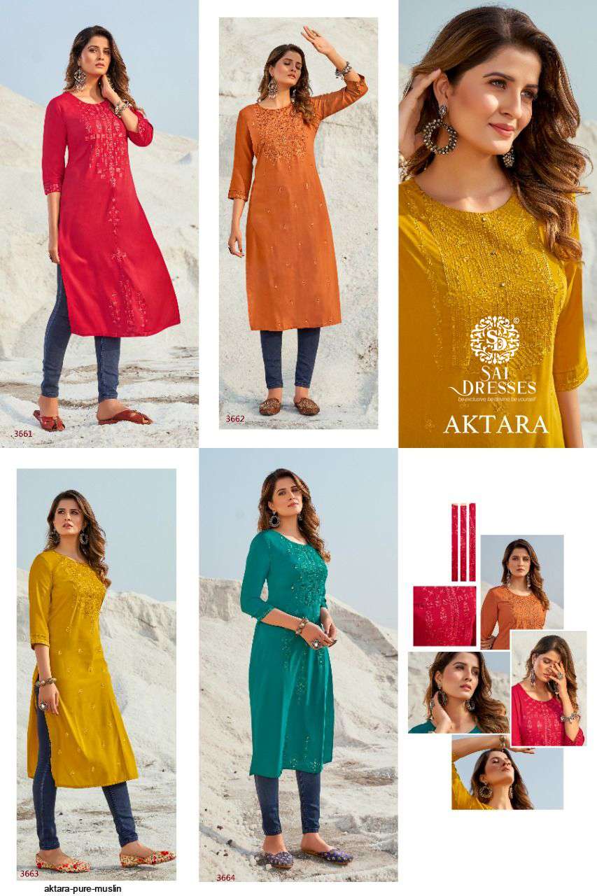 SAI DRESSES PRESENT AKTARA EXCLUSIVE WEAR PURE MASLIN DESIGNER KURTI COLLECTION IN WHOLESALE RATE IN SURAT 