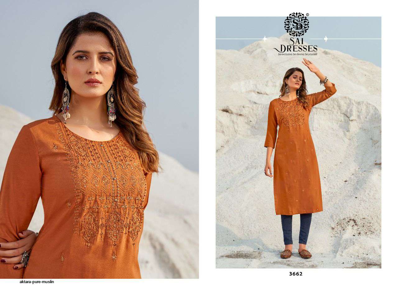 SAI DRESSES PRESENT AKTARA EXCLUSIVE WEAR PURE MASLIN DESIGNER KURTI COLLECTION IN WHOLESALE RATE IN SURAT 