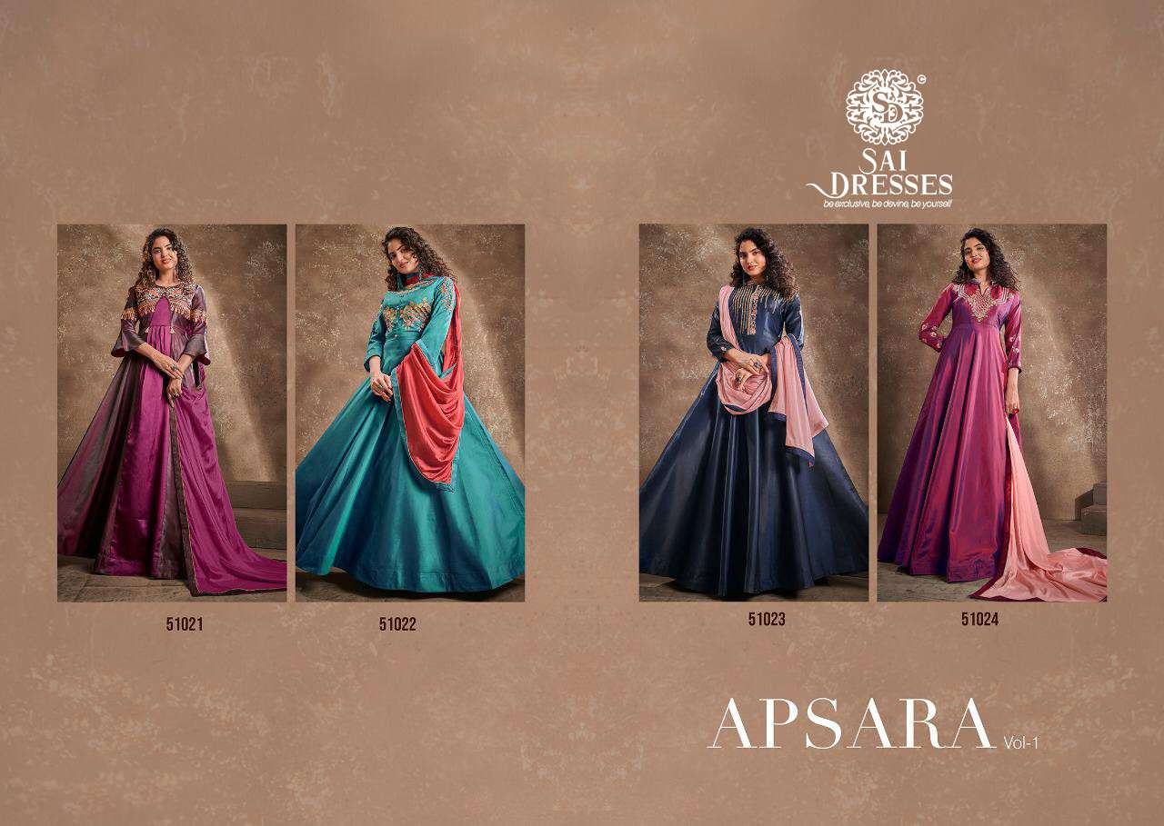 SAI DRESSES PRESENT APSARA VOL 1 SILK READYMADE LONG DESIGNER GOWN WITH DUPATTA IN WHOLESALE RATE IN SURAT