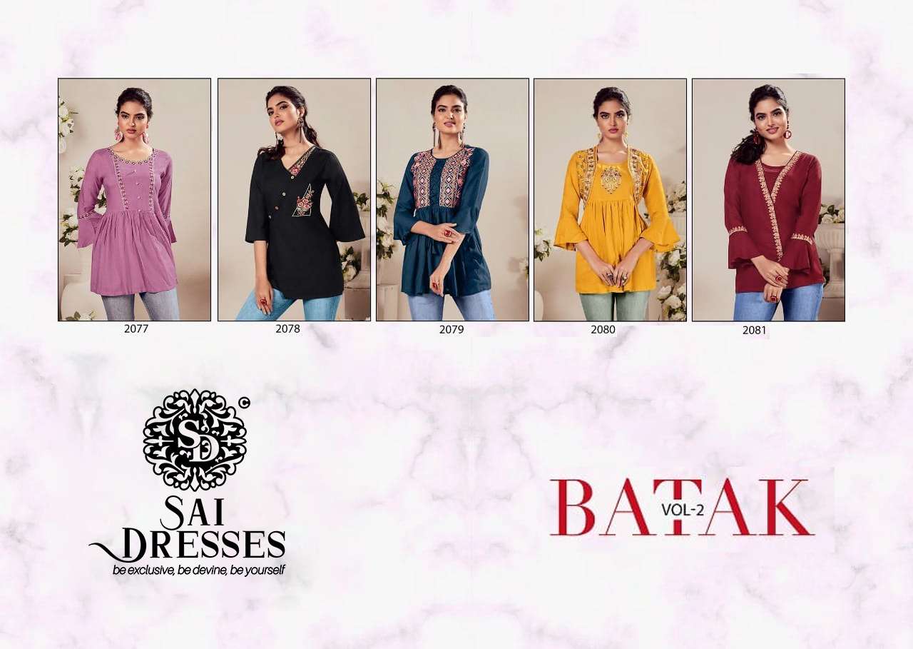 SAI DRESSES PRESENT BATAK VOL 2 FANCY RAYON SHORT TOPS IN WHOLESALE RATE IN SURAT 