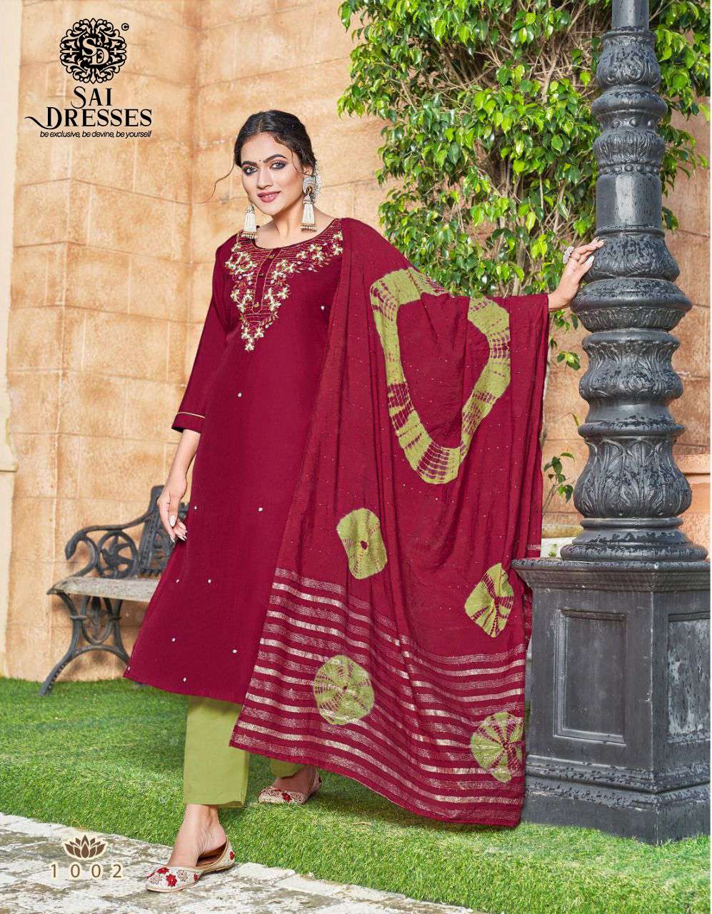 SAI DRESSES PRESENT DASTUR VOL 1 READY TO WEAR CHINON SILK FANCY HAND WORK DESIGNER KURTI PANT WITH DUPATTA IN WHOLESALE RATE IN SURAT