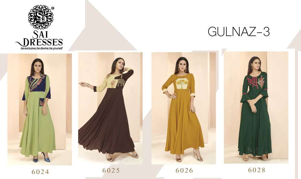 SAI DRESSES PRESENT GULNAZ VOL 3 READY TO WEAR LONG GOWN STYLE DESIGNER KURTIS IN WHOLESALE RATE IN SURAT