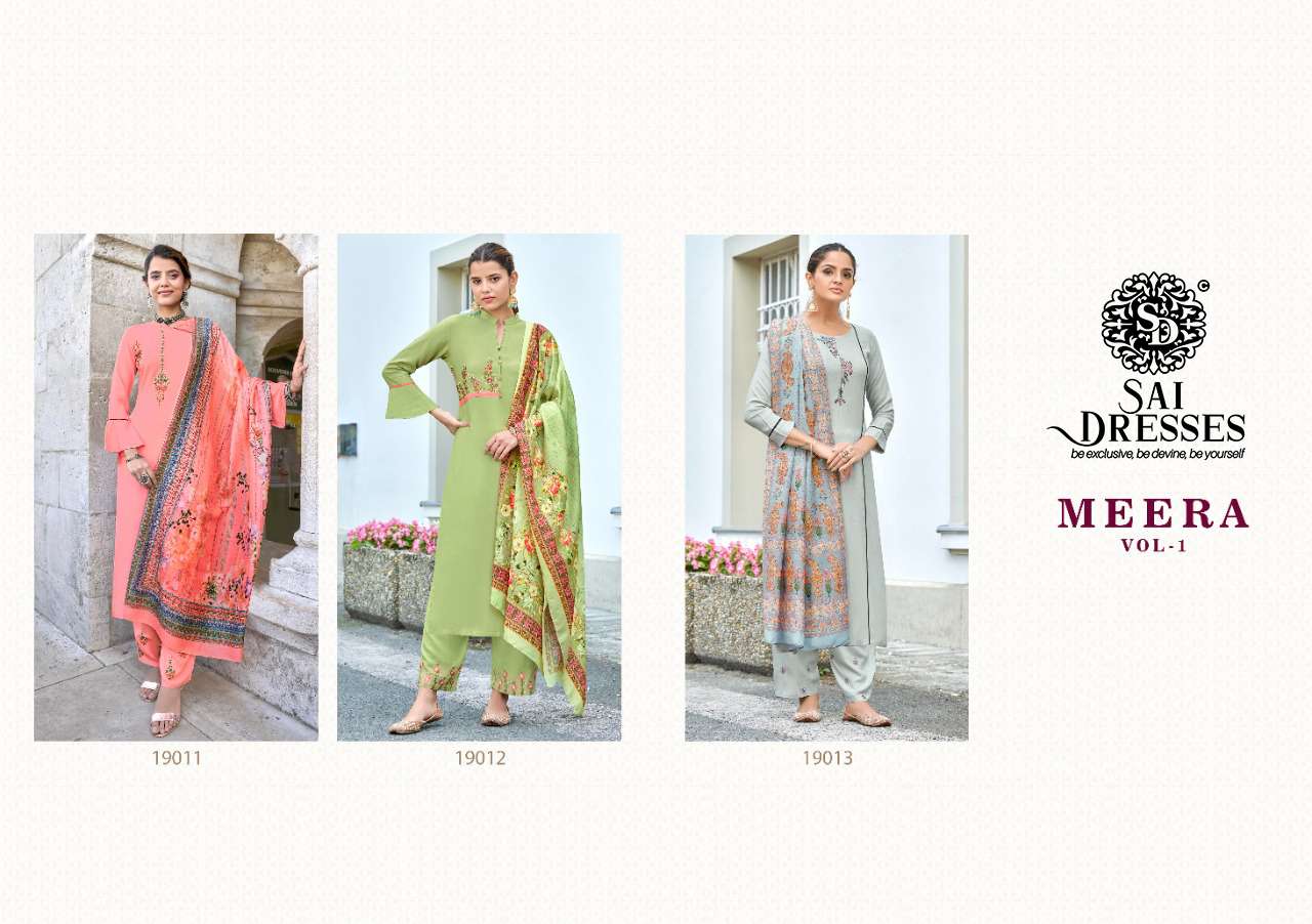 SAI DRESSES PRESENT MEERA VOL 1 RAYON FULL STITCH 3 PIECE COLLECTION IN WHOLESALE RATE IN SURAT
