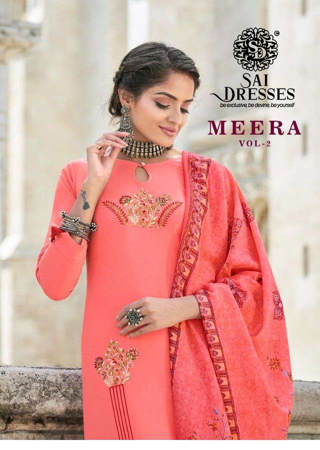 SAI DRESSES PRESENT MEERA VOL 2 RAYON FULL STITCH 3 PIECE COLLECTION IN WHOLESALE RATE IN SURAT