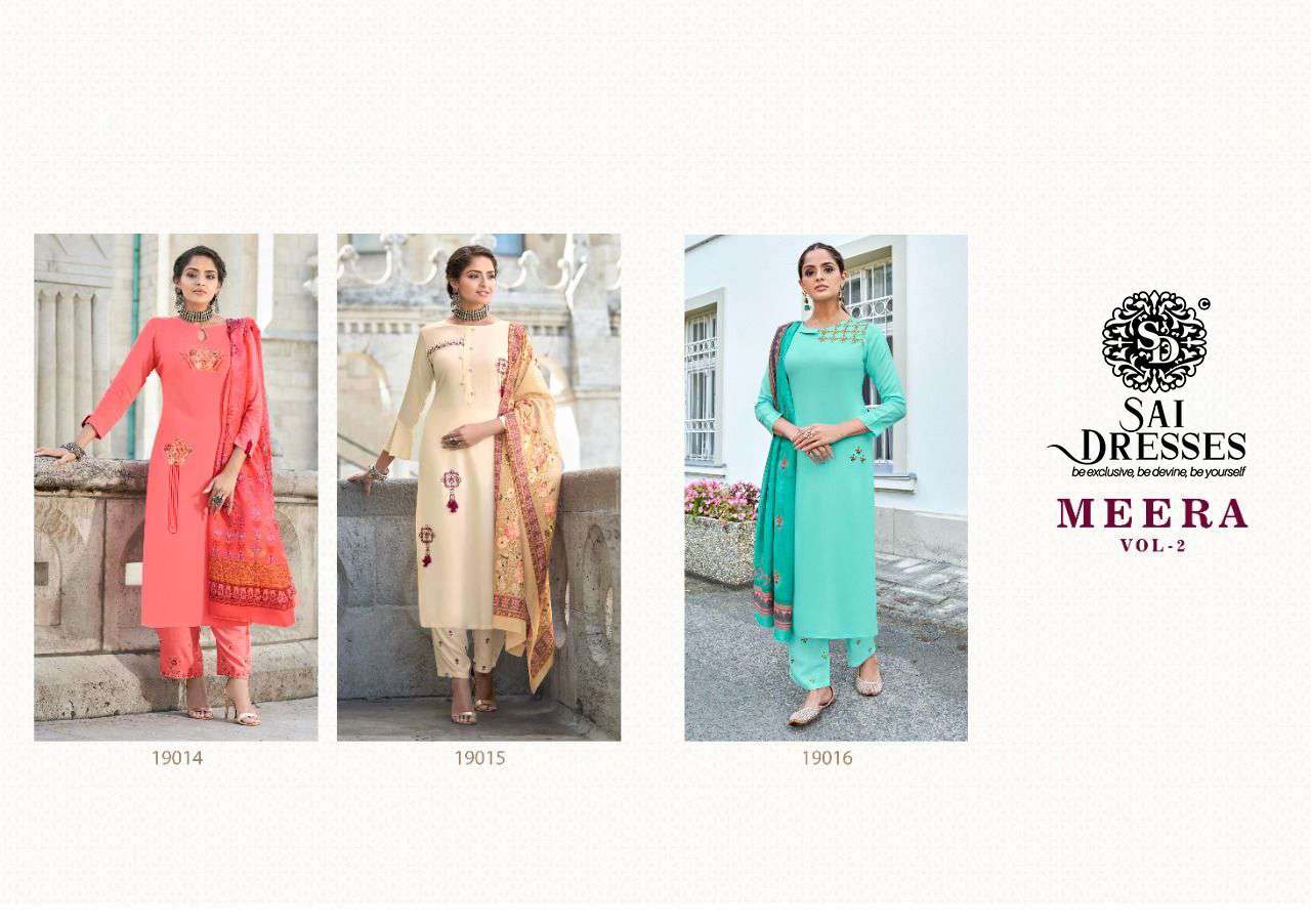 SAI DRESSES PRESENT MEERA VOL 2 RAYON FULL STITCH 3 PIECE COLLECTION IN WHOLESALE RATE IN SURAT