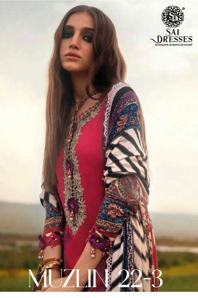 SAI DRESSES PRESENT MUZLIN 22-3 PURE COTTON PAKISTANI DESIGNER SUITS IN WHOLESALE PRICE IN SURAT 