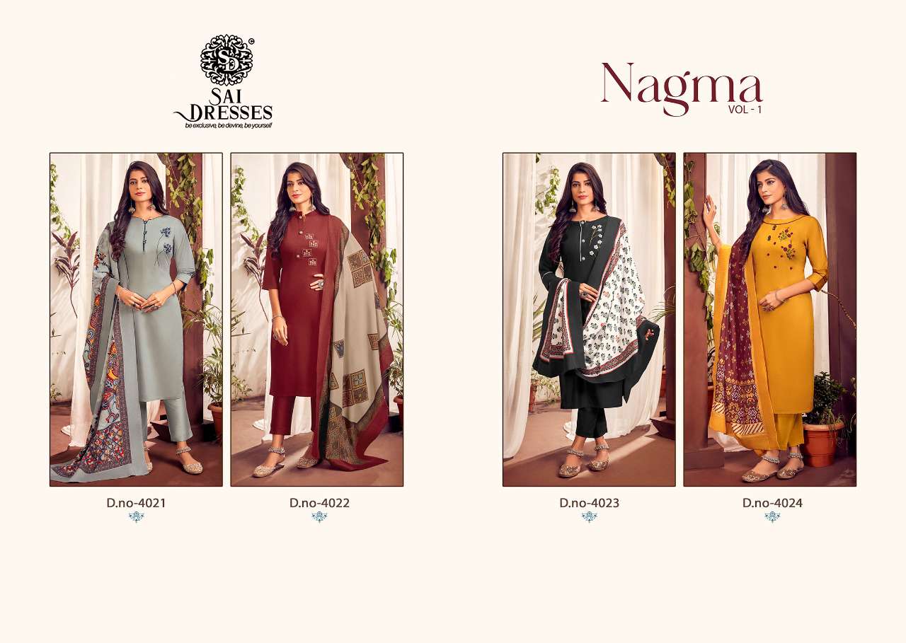SAI DRESSES PRESENT NAGMA VOL 1 READYMADE PANT STYLE DESIGNER SUITS IN WHOLESALE RATE IN SURAT