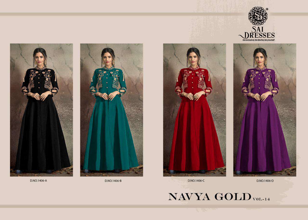 SAI DRESSES PRESENT NAVYA GOLD VOL-14 DESIGNER EMBROIDERY WORK WITH COTTON INNER STITCHED KOTI STYLE GOWN COLLECTION AT WHOLESALE  RATE IN SURAT