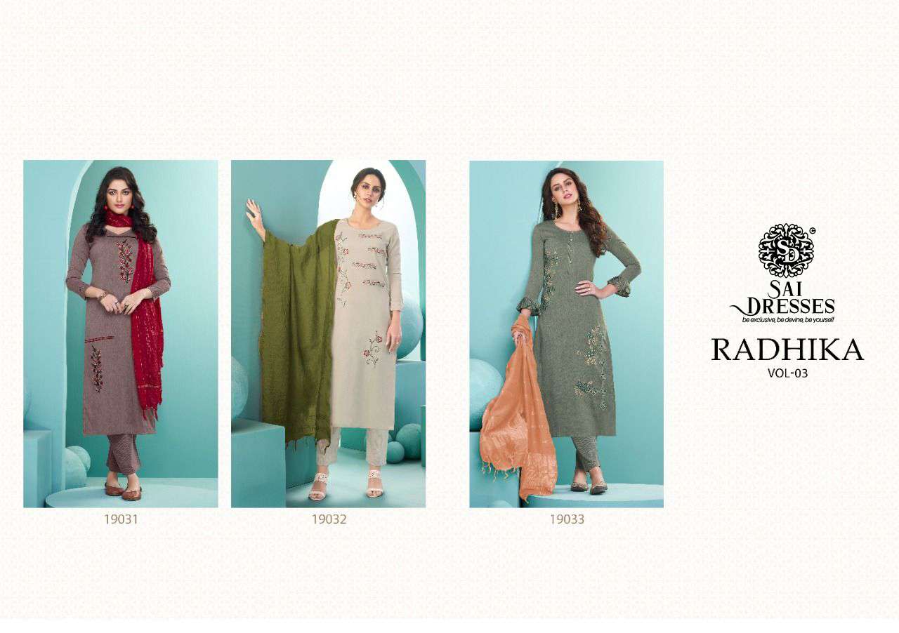 SAI DRESSES PRESENT RADHIKA VOL 3 READY TO WEAR PANT STYLE DESIGNER SUITS IN WHOLESALE RATE IN SURAT