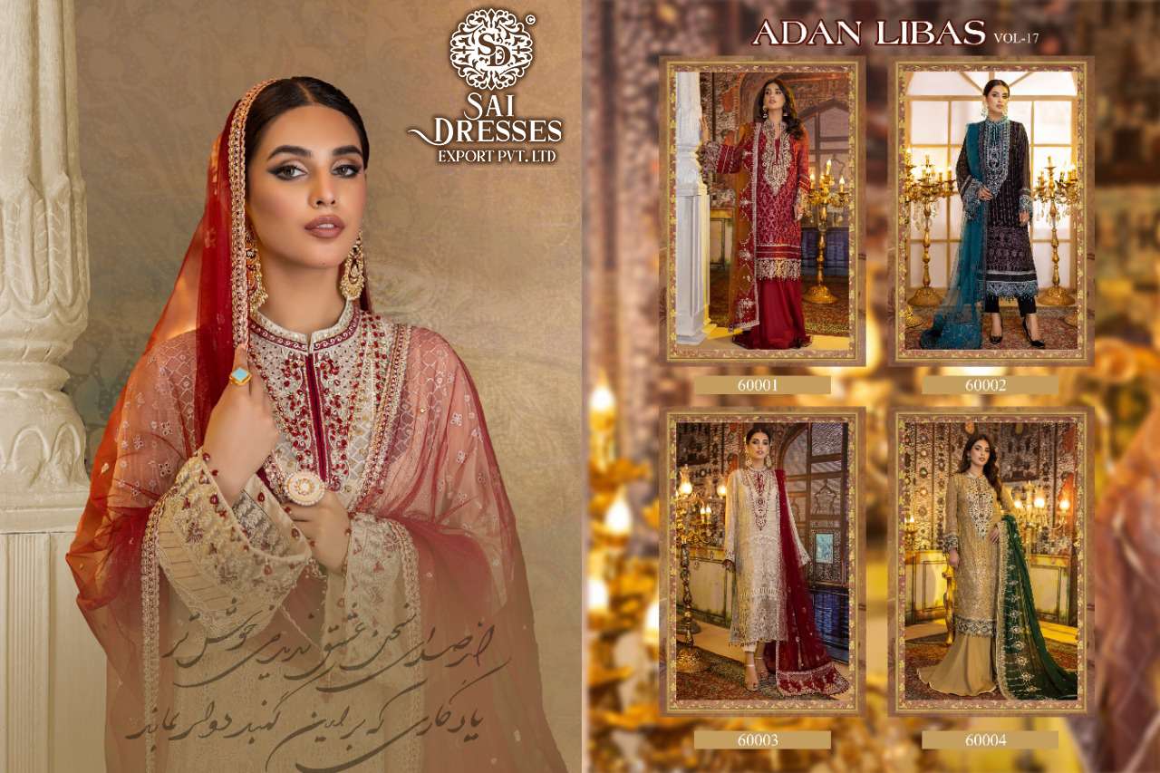 SAI DRESSES PRESENT ADAN LIBAS VOL 17 FESTIVE WEAR FOX GEORGETTE PAKISTANI DESIGNER SALWAR SUITS IN WHOLESALE RATE IN SURAT 