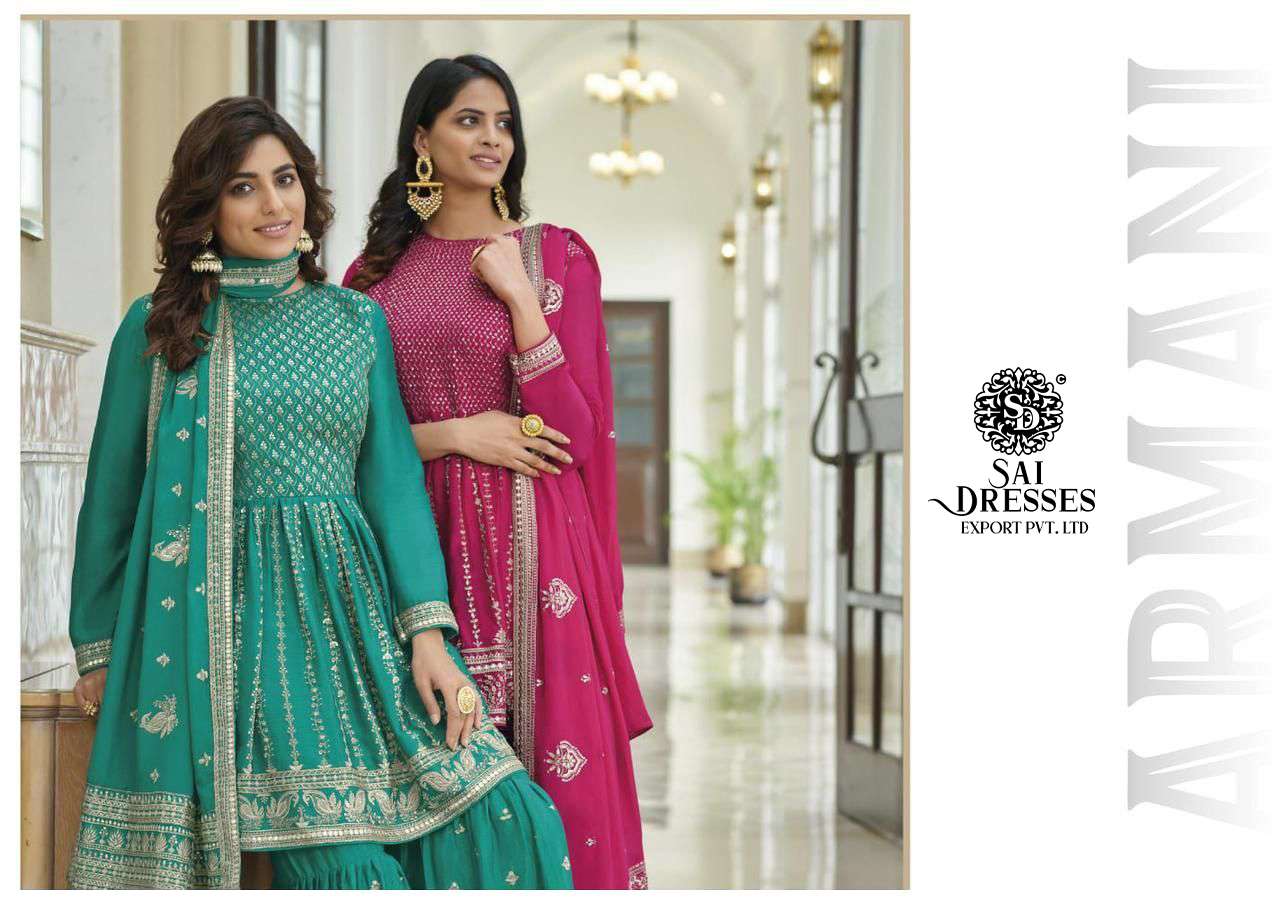 SAI DRESSES PRESENT ARMANI READYMADE GARARA STYLE WEDDING WEAR DESIGNER SUITS IN WHOLESALE RATE IN SURAT