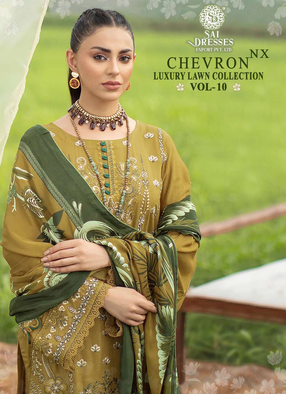 SAI DRESSES PRESENT CHEVRON LUXURY LAWN COLLECTION NX VOL 10 COTTON EMBROIDRED PAKISTANI DESIGNER SUITS IN WHOLESALE RATE IN SURAT