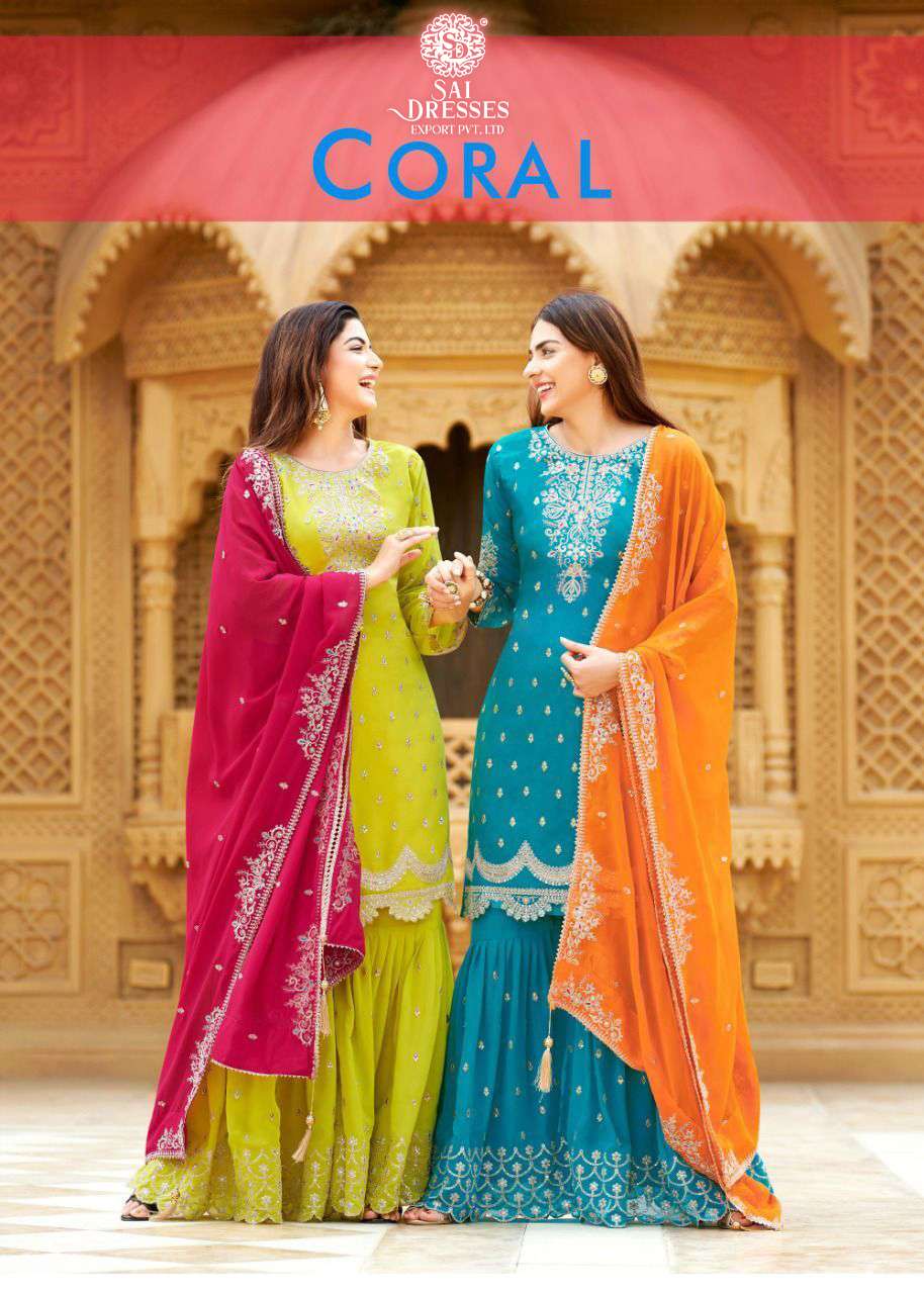 SAI DRESSES PRESENT CORAL READY MADE GARARA STYLE DESIGNER SUITS IN WHOLESALE RATE IN SURAT 