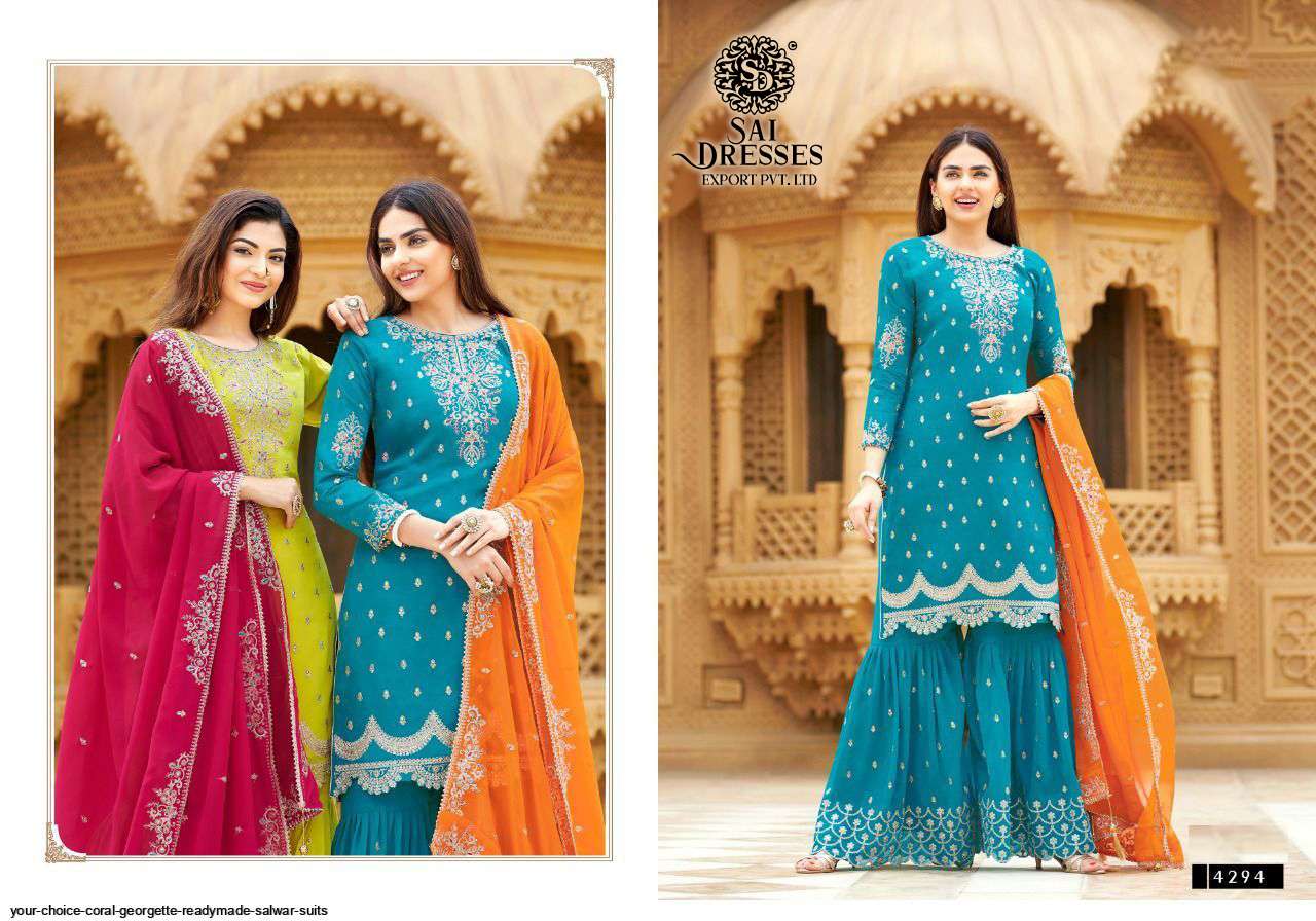 SAI DRESSES PRESENT CORAL READY MADE GARARA STYLE DESIGNER SUITS IN WHOLESALE RATE IN SURAT 