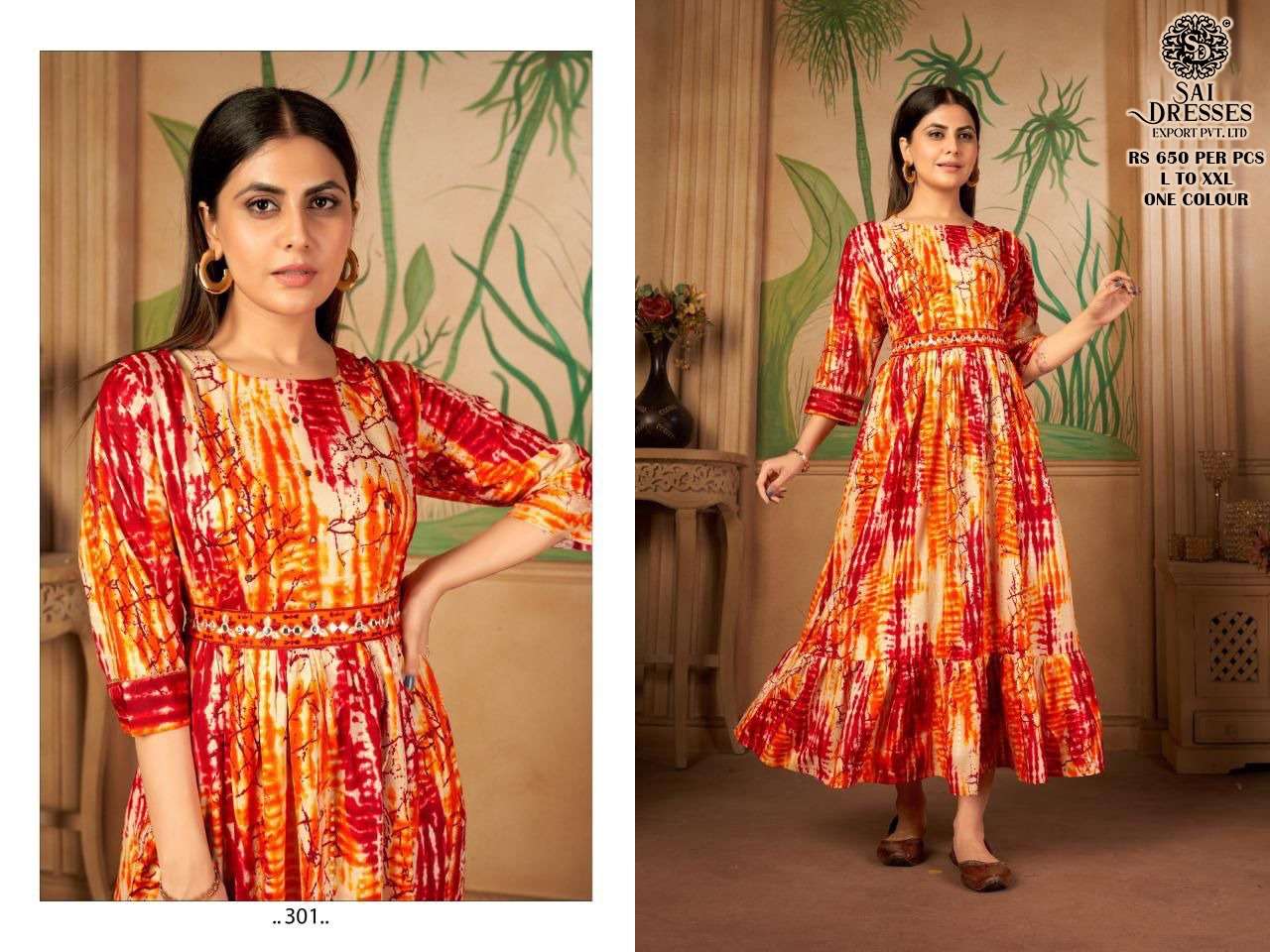 SAI DRESSES PRESENT D.NO 301 FANCY LONG KURTI COMBO COLLECTION WITH DESIGNER BELT IN WHOLESALE RATE IN SURAT