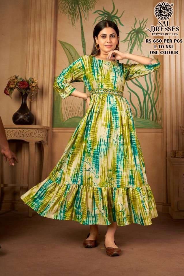 SAI DRESSES PRESENT D.NO 302 FANCY LONG KURTI COMBO COLLECTION WITH DESIGNER BELT IN WHOLESALE RATE IN SURAT