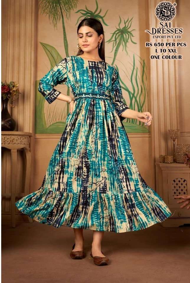 SAI DRESSES PRESENT D.NO 303 FANCY LONG KURTI COMBO COLLECTION WITH DESIGNER BELT IN WHOLESALE RATE IN SURAT