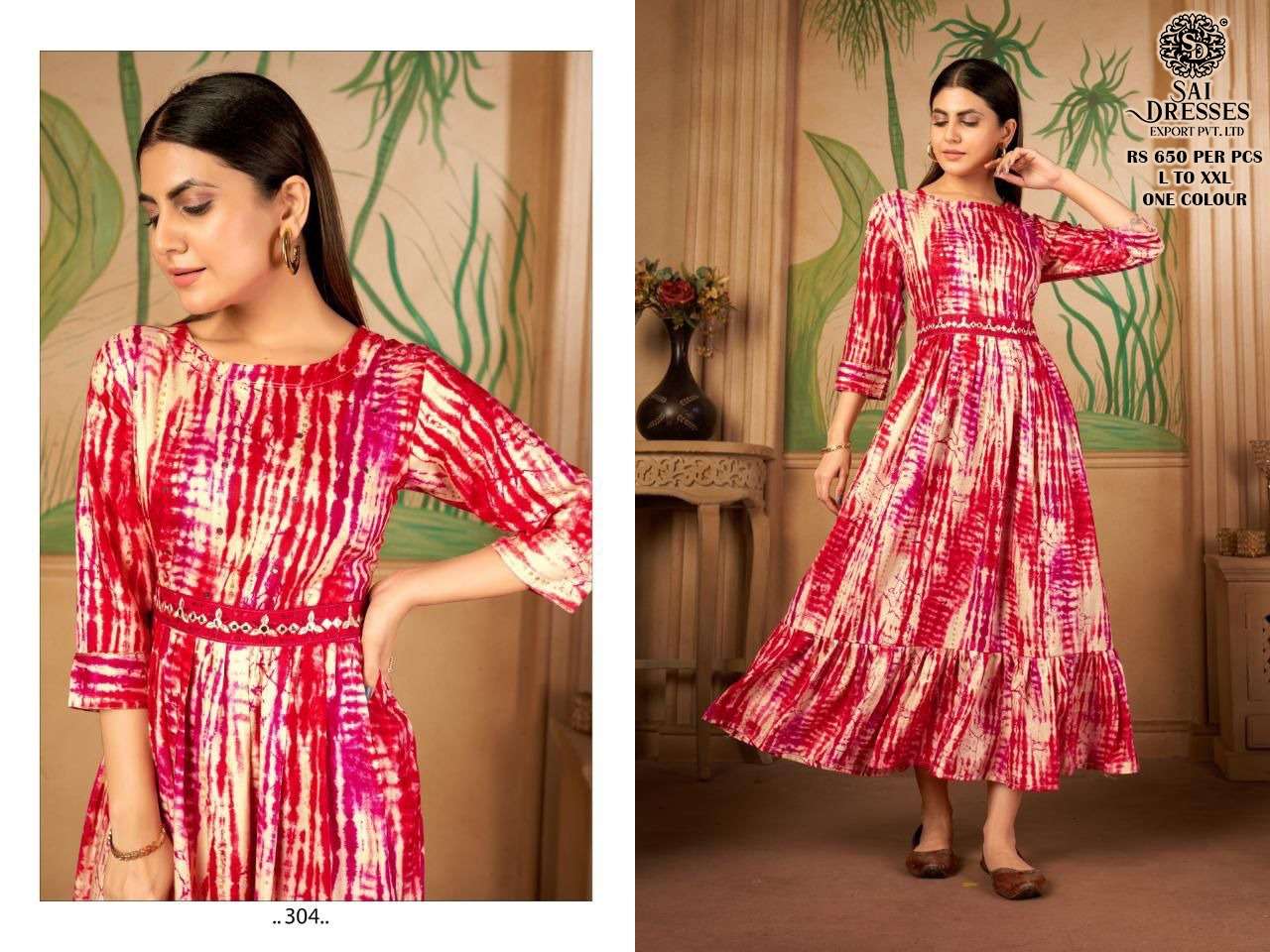 SAI DRESSES PRESENT D.NO 304 FANCY LONG KURTI COMBO COLLECTION WITH DESIGNER BELT IN WHOLESALE RATE IN SURAT