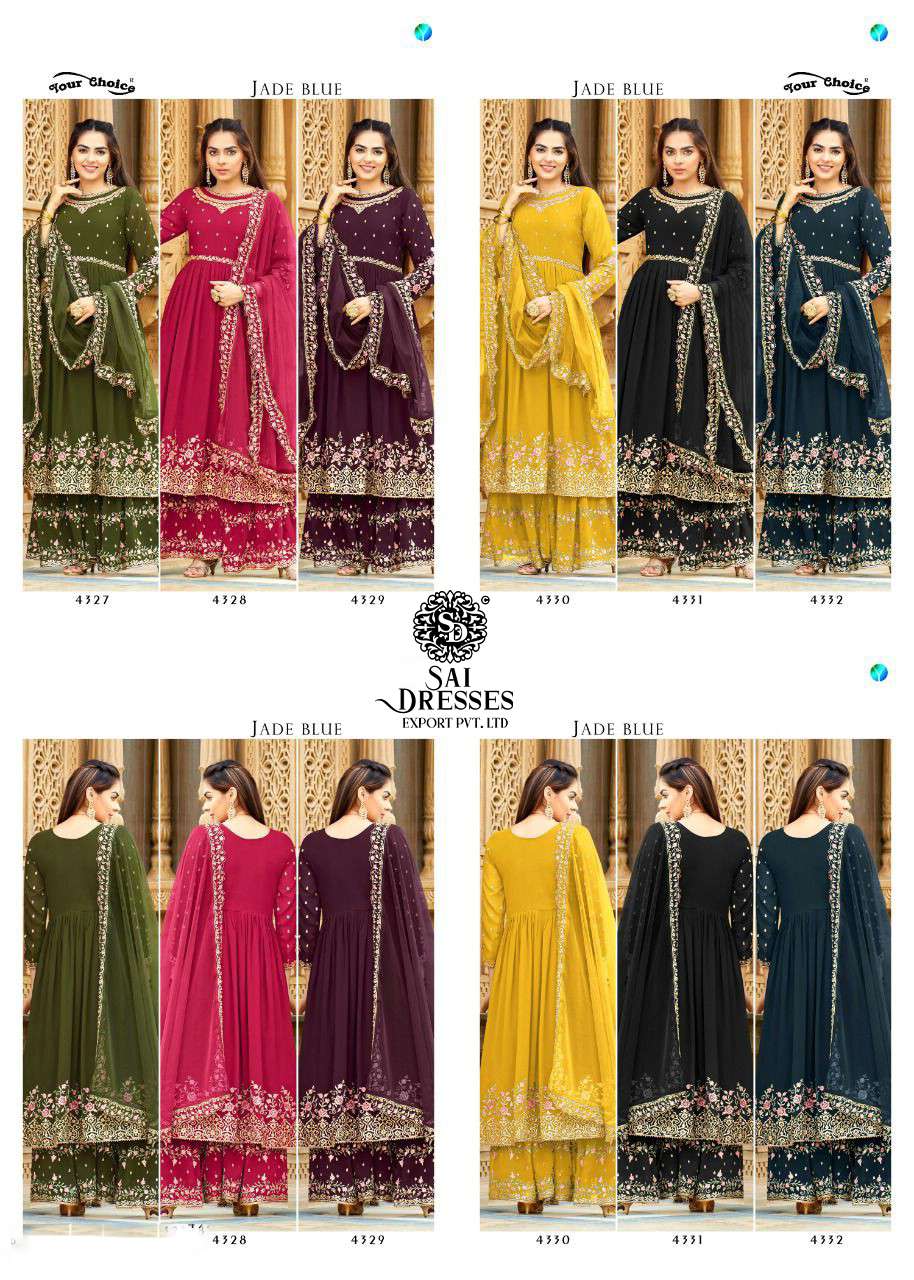 SAI DRESSES PRESENT JADE BLUE READY MADE LONG PEPLUM WITH GARARA STYLE DESIGNER SUITS IN WHOLESALE RATE IN SURAT