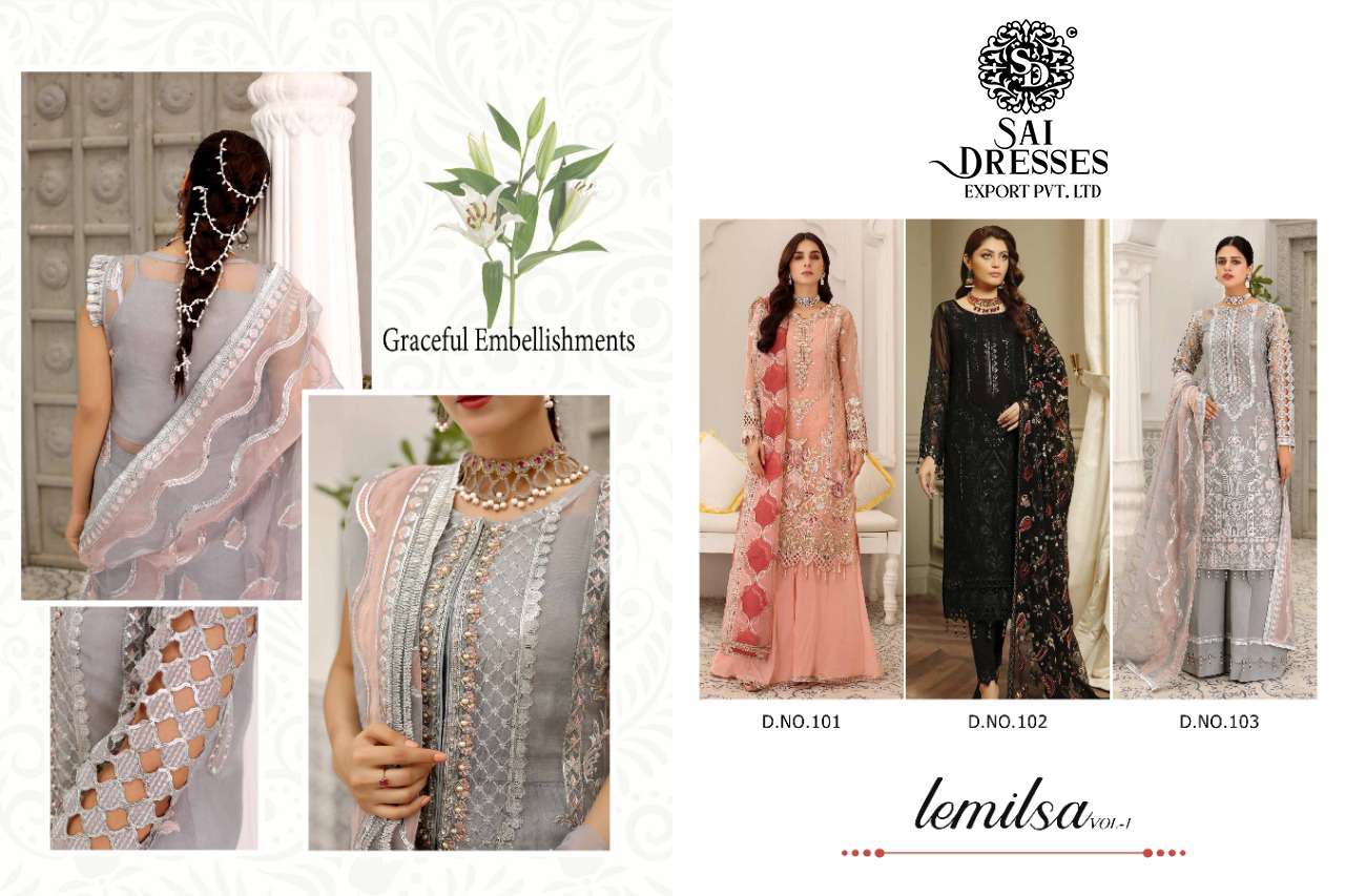 SAI DRESSES PRESENT LEMILSA VOL 1 SEMI STITCHED DESIGNER PAKISTANI SUITS IN WHOLESALE RATE IN SURAT