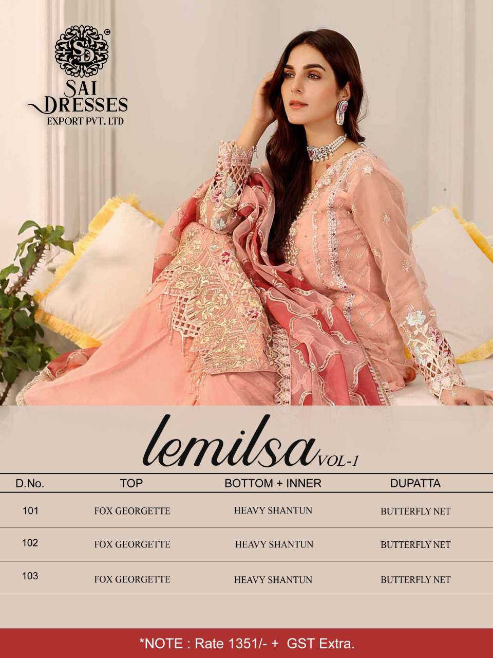 SAI DRESSES PRESENT LEMILSA VOL 1 SEMI STITCHED DESIGNER PAKISTANI SUITS IN WHOLESALE RATE IN SURAT