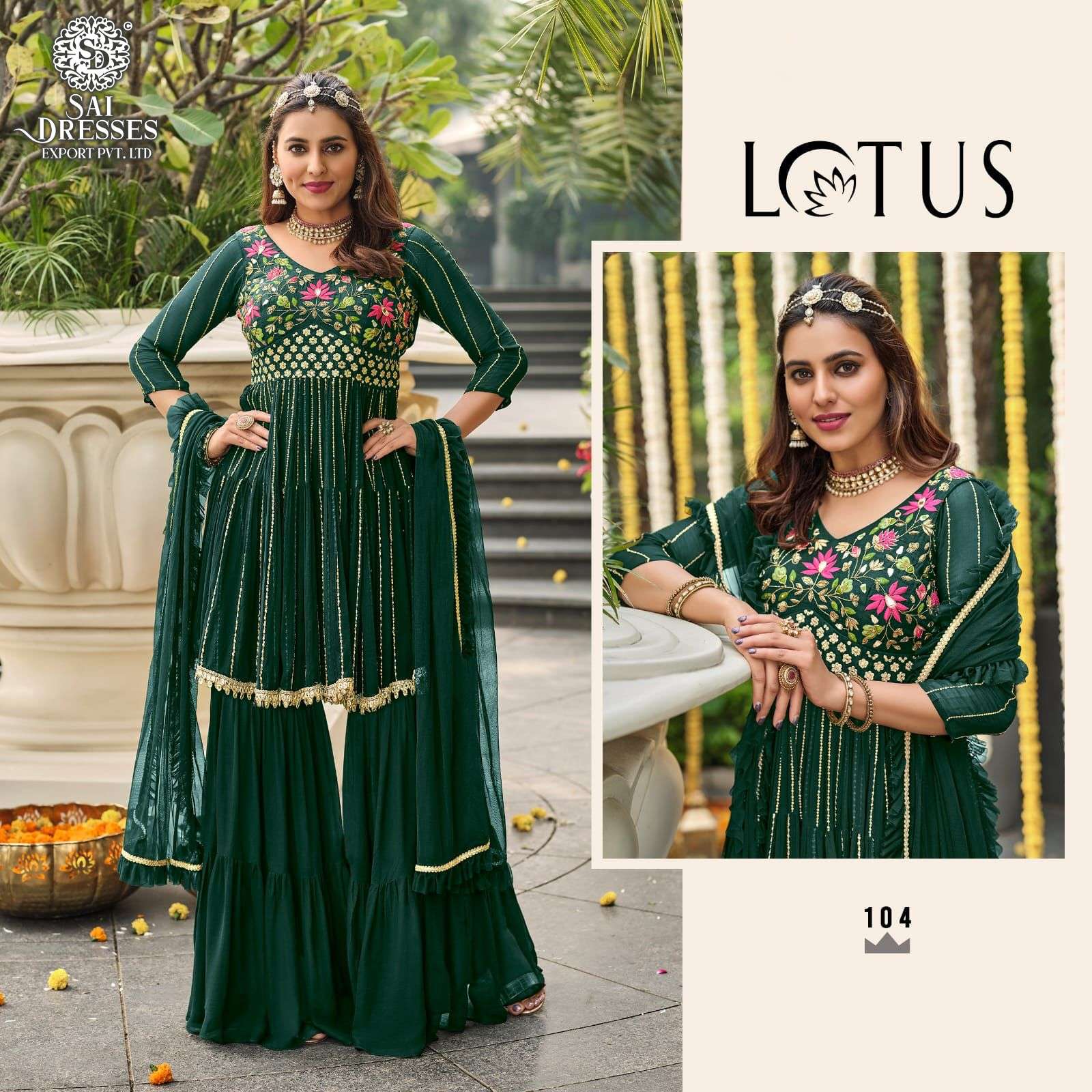 SAI DRESSES PRESENT LOTUS READYMADE SHARARA STYLE PARTY WEAR DESIGNER SUITS IN WHOLESALE RATE IN SURAT