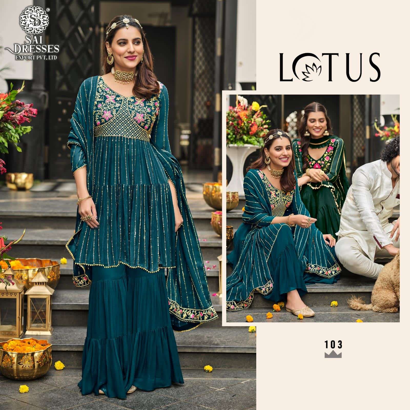 SAI DRESSES PRESENT LOTUS READYMADE SHARARA STYLE PARTY WEAR DESIGNER SUITS IN WHOLESALE RATE IN SURAT