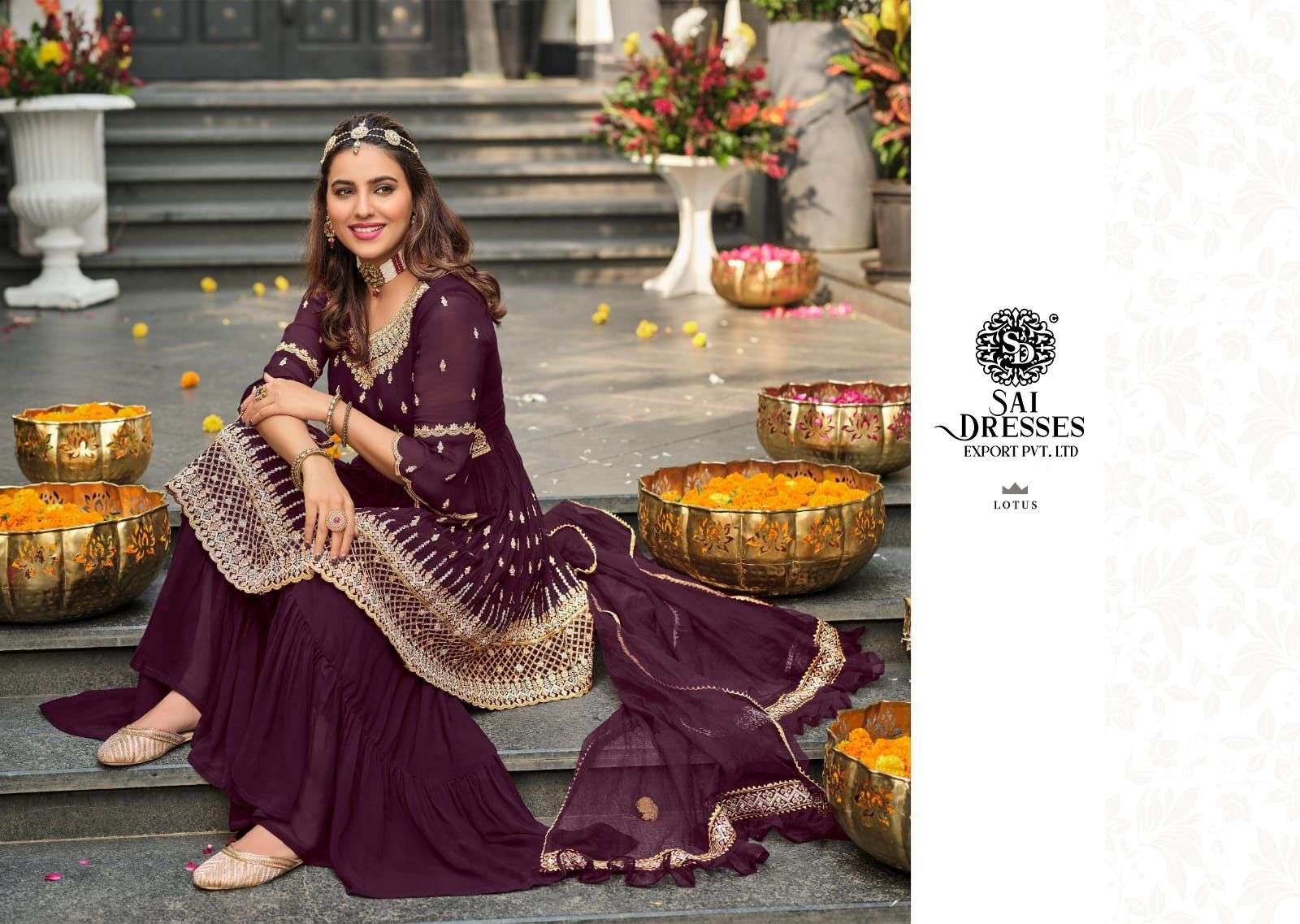 SAI DRESSES PRESENT LOTUS READYMADE SHARARA STYLE PARTY WEAR DESIGNER SUITS IN WHOLESALE RATE IN SURAT