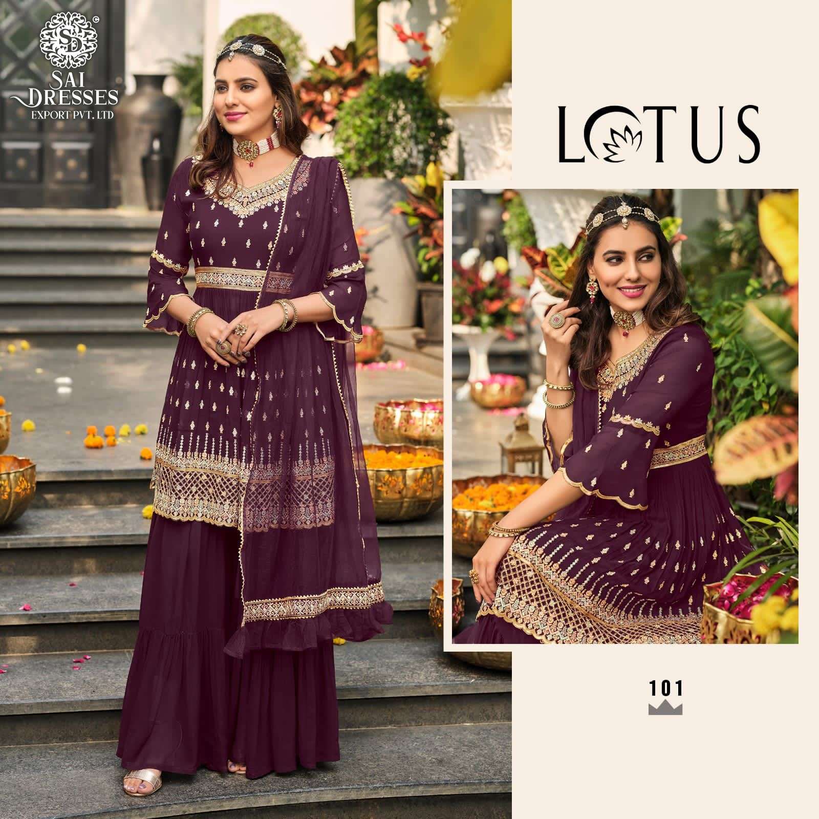 SAI DRESSES PRESENT LOTUS READYMADE SHARARA STYLE PARTY WEAR DESIGNER SUITS IN WHOLESALE RATE IN SURAT