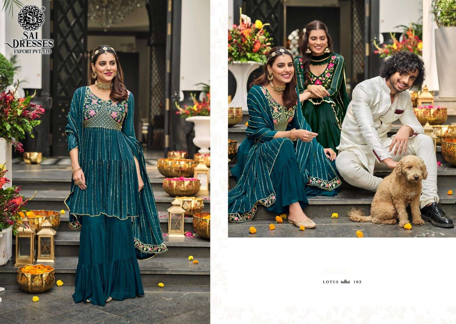 SAI DRESSES PRESENT LOTUS READYMADE SHARARA STYLE PARTY WEAR DESIGNER SUITS IN WHOLESALE RATE IN SURAT