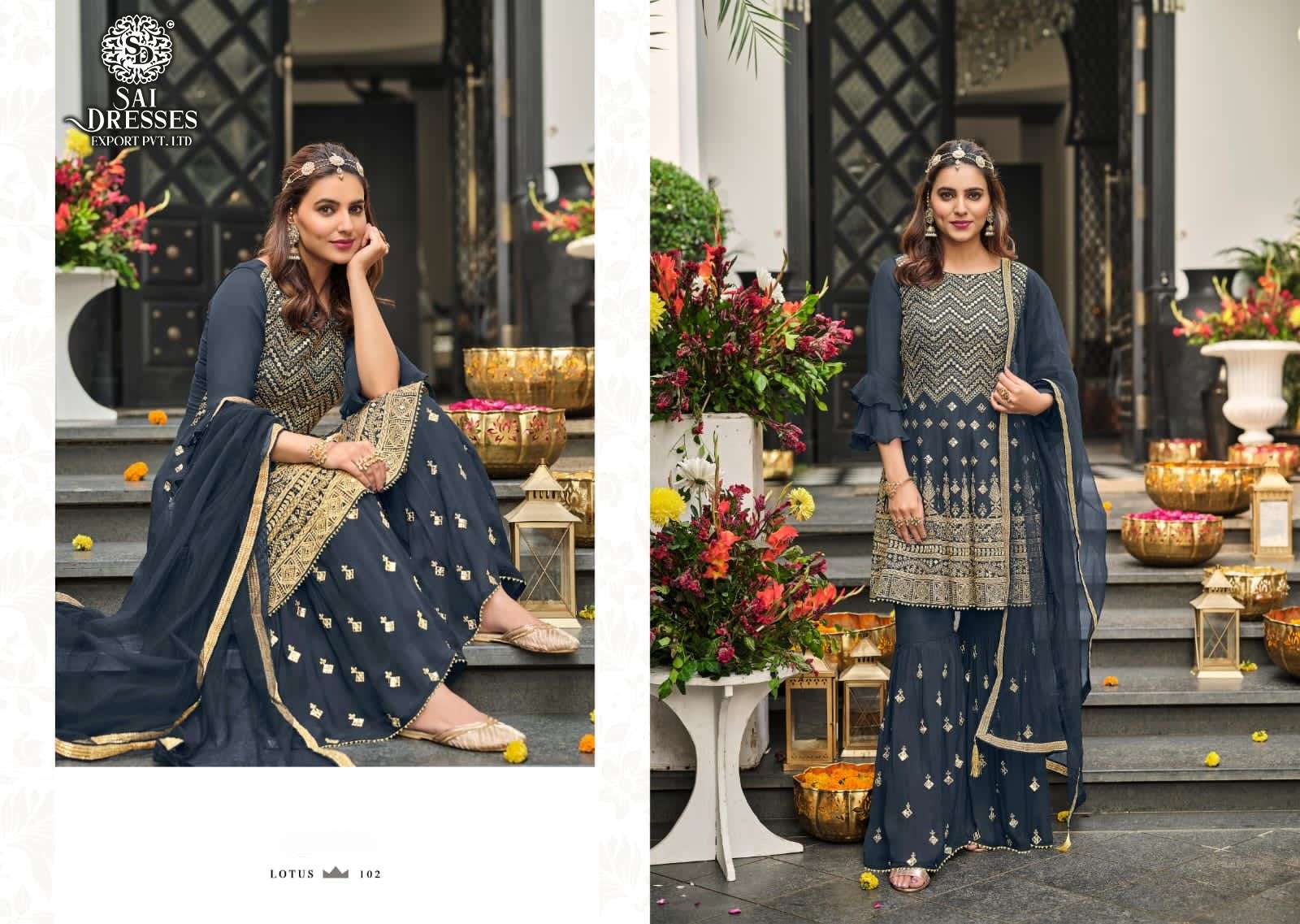 SAI DRESSES PRESENT LOTUS READYMADE SHARARA STYLE PARTY WEAR DESIGNER SUITS IN WHOLESALE RATE IN SURAT