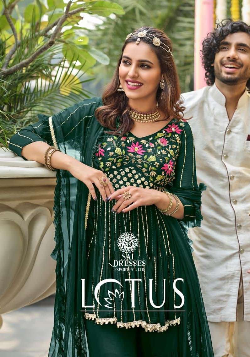 SAI DRESSES PRESENT LOTUS READYMADE SHARARA STYLE PARTY WEAR DESIGNER SUITS IN WHOLESALE RATE IN SURAT